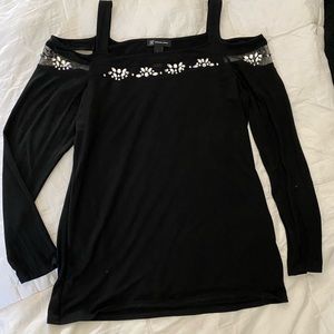 INC cold shoulder blouse, black jeweled neckline. Size L